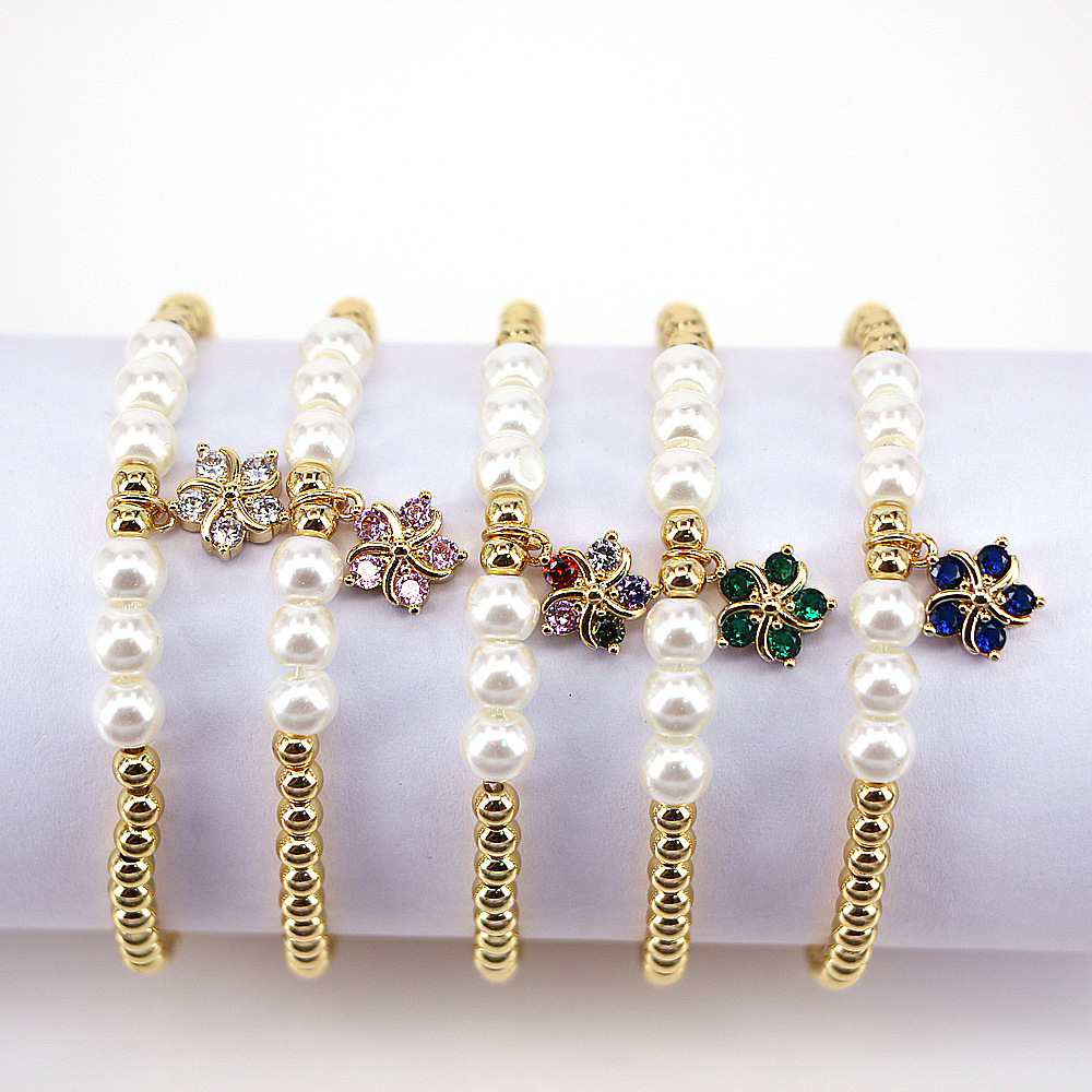 fashion pearl simple color zircon flower copper bracelet