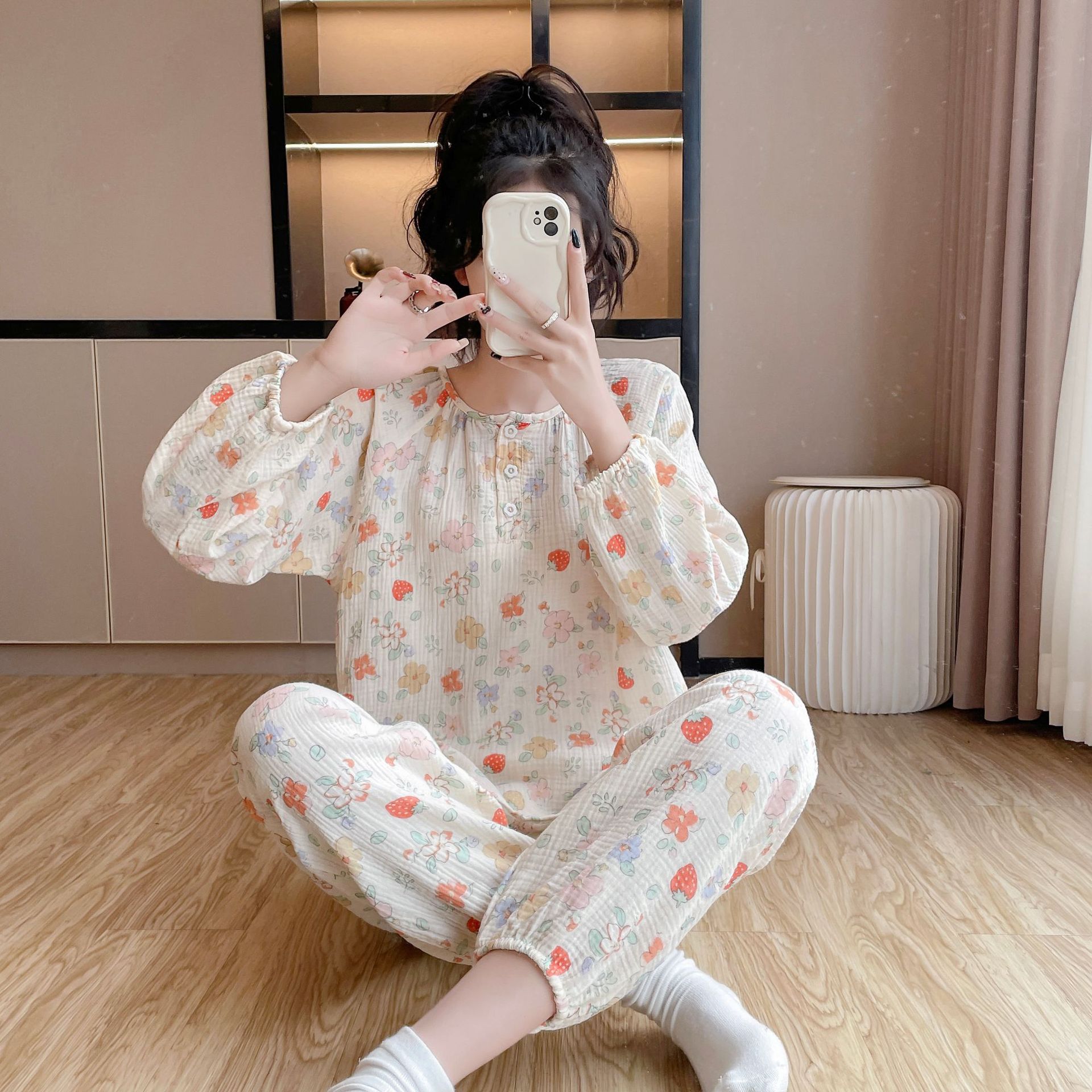 잠옷 봄과 가을 면화 여성용 긴팔 바지 얇은 면 원사 둥근 목 느슨한 아기 면 한국 스타일 풀오버 홈 옷