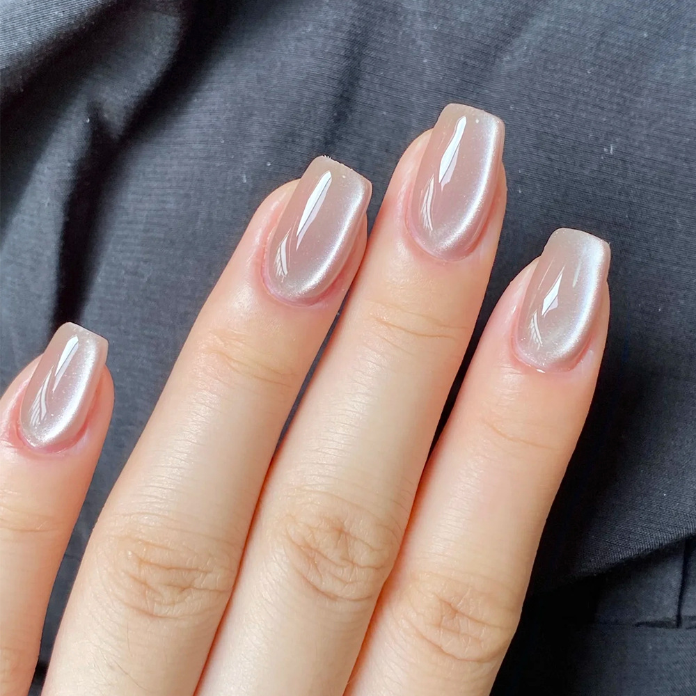 10 piezas de uñas postizas de lujo discretas, cálido, rosa nude, corto, uñas de vestir, ojos de gato en forma de escalera, uñas simples