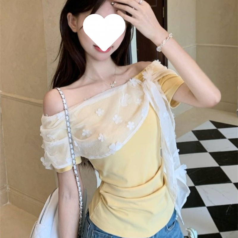 [40 Count 1*1 Pure Cotton] Summer New Style Lace Splicing Slim-Fit Design Sexy One-Shoulder Short-Sleeved T-Shirt
