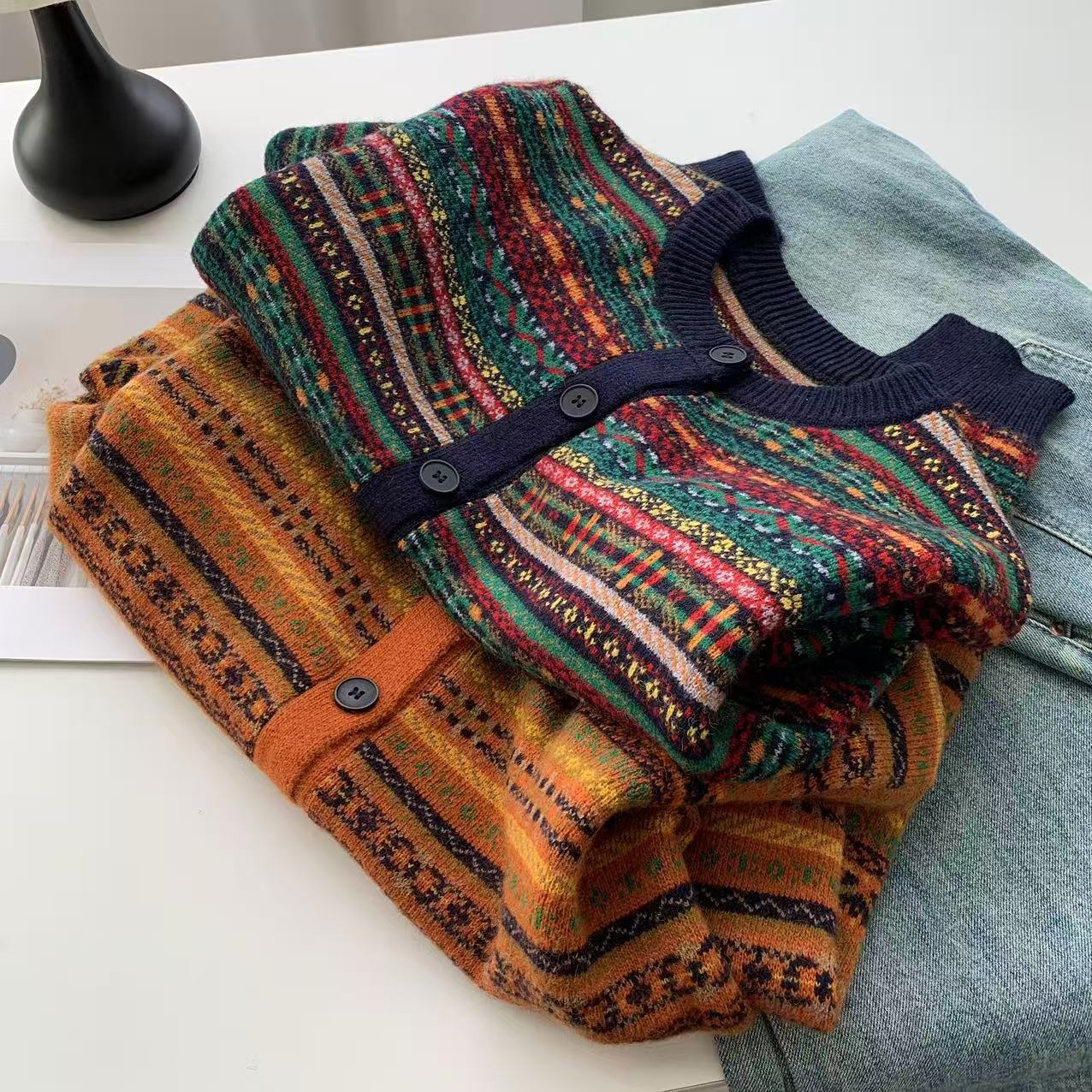 欧货重磅羊毛撞色复古提花民族风浣熊开衫高级感宽松显瘦外套上衣