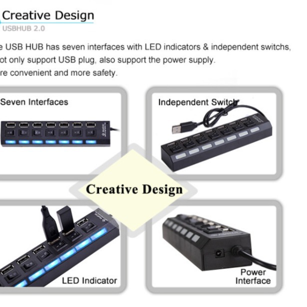4 puertos 2.0 hub computadora USB divisor con interruptor 7 puertos hub enchufe de fila venta directa transfronteriza