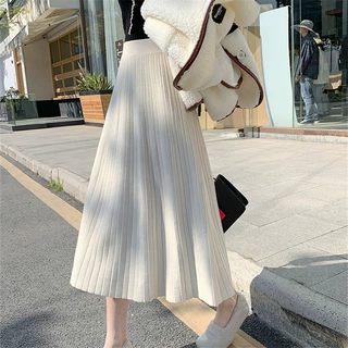 2022春气质通勤针织拼接百褶半身裙女纯色中裙