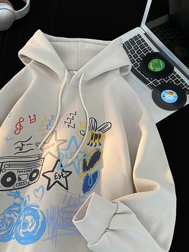 Men's Autumn/Winter Oversize Colorful Graffiti Hooded Sweatshirt, American Style Niche Print Streetwear Sweatshirt