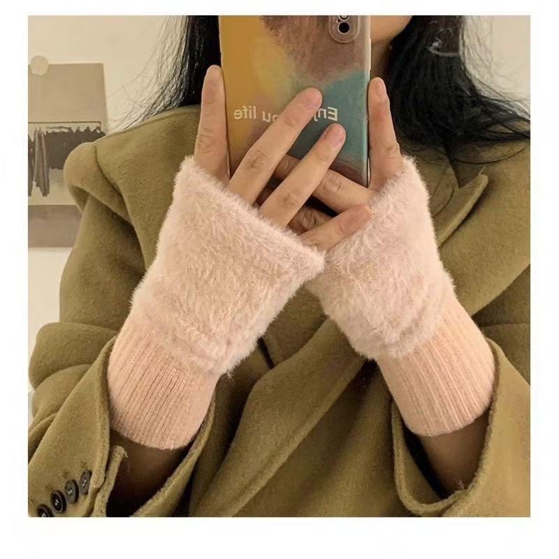 网红款针织无指手套女百搭半截半指保暖秋冬手袜简约纯色毛绒手套|undefined