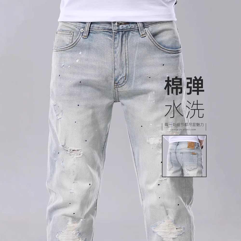 Light-Colored Ripped Jeans Men's Straight Slim Fit 2025 New Tapered Pants Men's Casual Summer Thin Style One Piece Drop Shipping