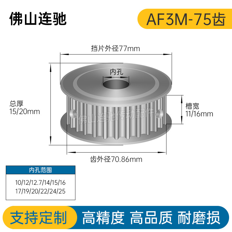 同步轮 3M 75齿 槽宽11/16 孔10-25 AF型 外径70.86mm 同步皮带轮