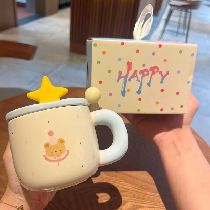 かわいいスター蓋カップ漫画セラミックマグ高価値水カップ蓋付き誕生日ギフト女の子のお土産|undefined