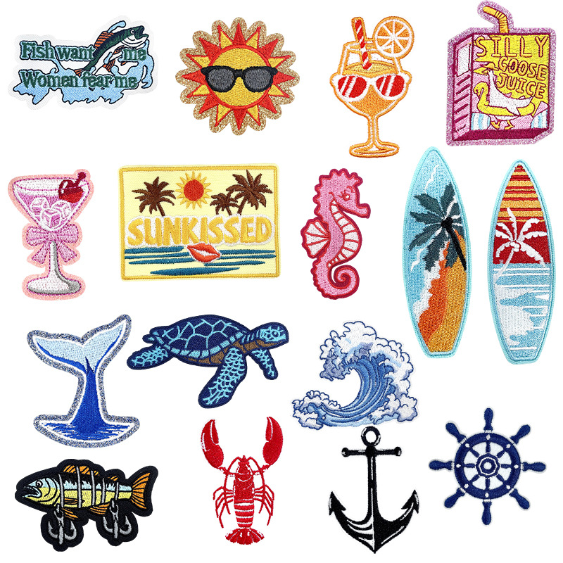 夏日冲浪 蓝色海边夏威夷海洋风 鸡尾酒冲浪板海龟锚刺绣贴布