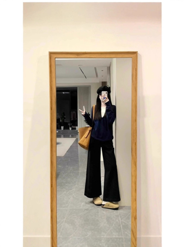 藏青色V领针织衫女秋季新款高级感内搭打底衫显瘦假两件长袖上衣|undefined