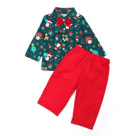 外贸儿童圣诞衬衣套装 圣诞节短袖短裤套装 男童两件套装