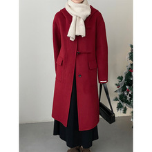 【不退换】 红色圣诞双面羊绒大衣女连帽牛角扣外套3507新年红