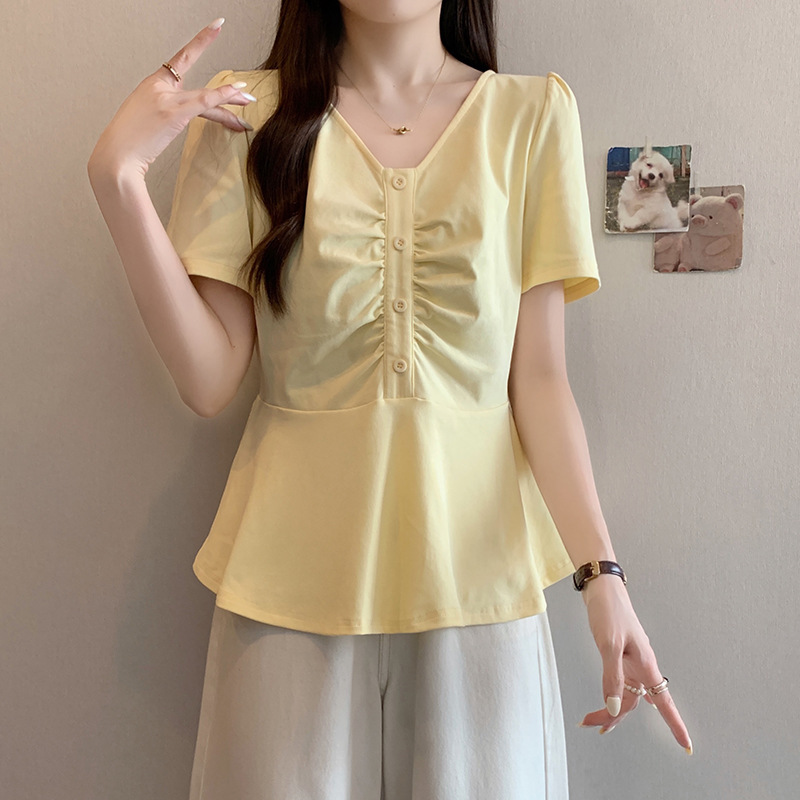 2025 夏ファット mm 大きいサイズの女性の韓国ファッション V ネックスプライシング蓮の葉レースシックな半袖 T シャツ|undefined