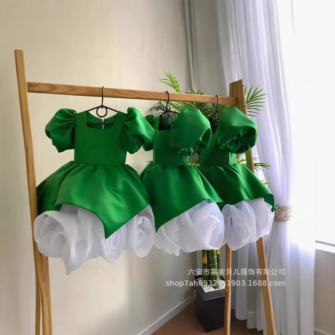 Платье для девочек, европейское и американское трансграничное платье принцессы с пышными рукавами и бантом, детское платье, зеленое детское платье, новый стиль 2025 года