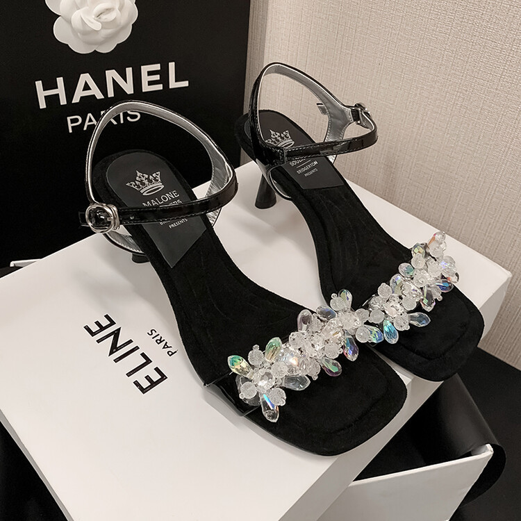 Sandal cao gót nữ mũi nhọn đính cườm da bò, gót nhọn 9 cm — Màu đen, Màu xanh lam chi tiết 8