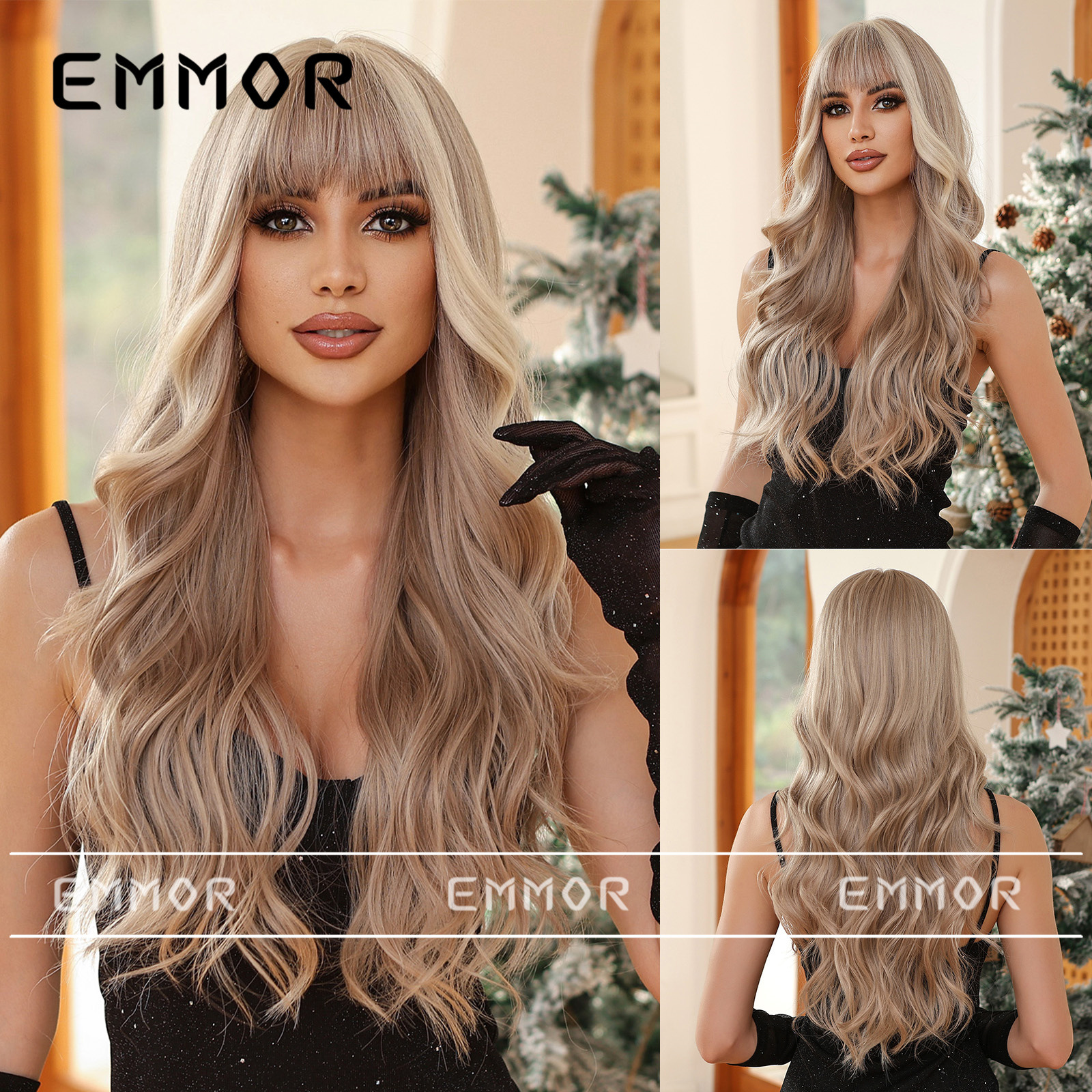 Shein transfronteriza Venta caliente natural transpirable teñido marrón claro flequillo gran ola larga peluca rizada cubierta de cabeza completa