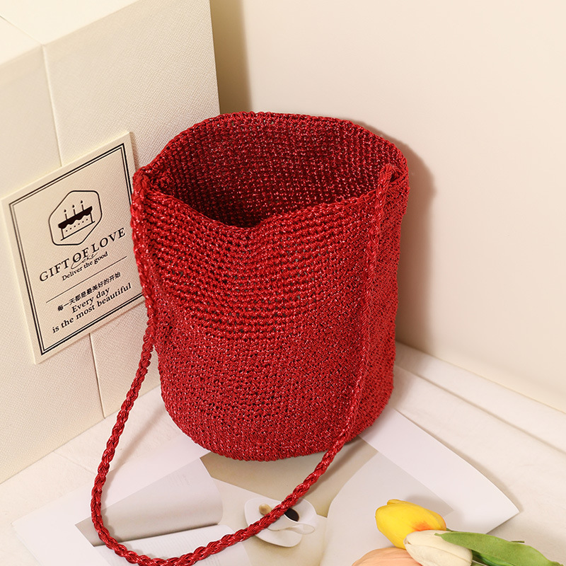 Korean Style Fashion Crossbody Straw Woven Bag - New Solid Color Bucket Bag, Versatile Woven Beach Bag For Vacation - Thumbnail 3