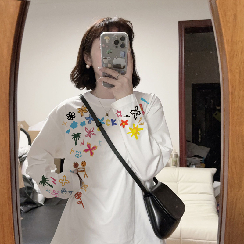 Plus-Size Pure Cotton Long-Sleeve T-Shirt for Women, Spring and Autumn, Loose Casual Design, Niche Street Style Base Shirt Top