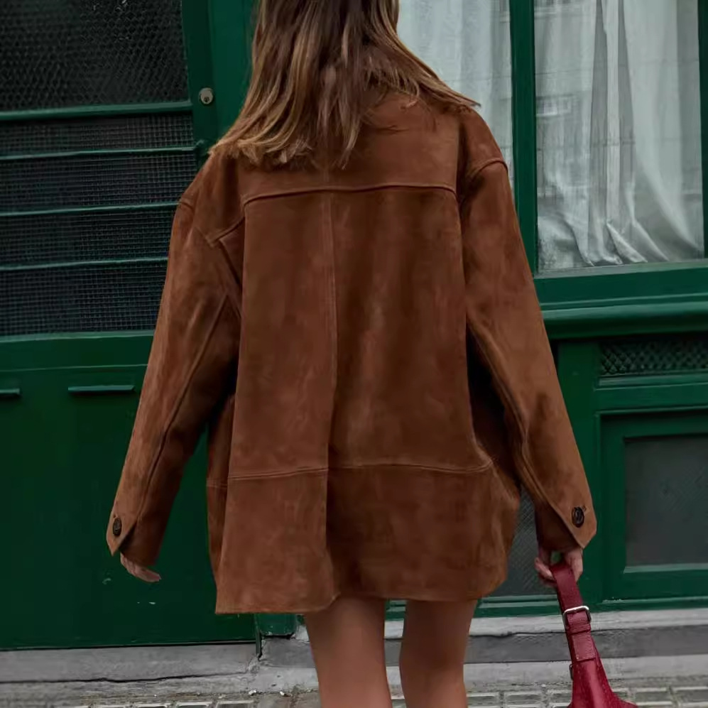 Damenbekleidung Real Shot Retro Revers Langarm Knopfjacke Mode Damen Loose Street Style Taschenjacke_voghion.com