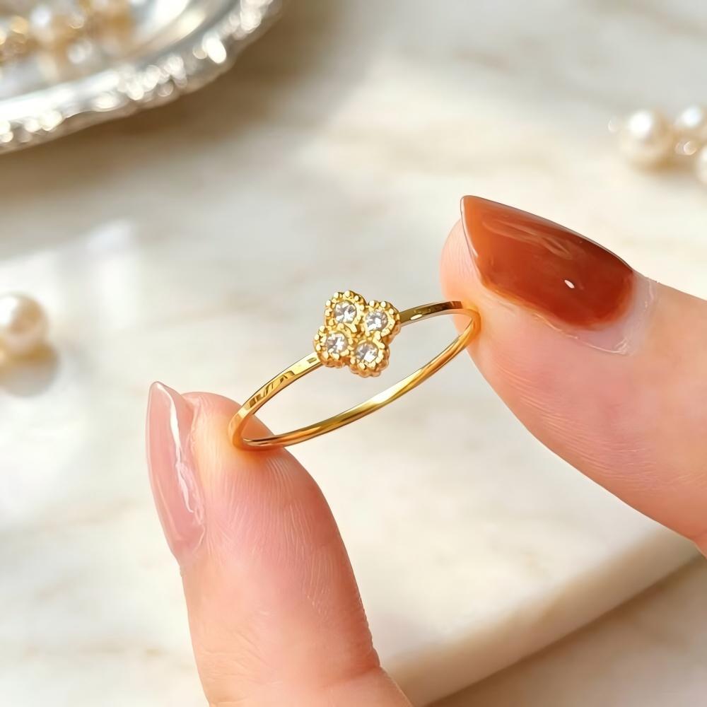 Lüks Titanyum Çelik Dörtyaprağı Yonca Taşlı Kadın Yüzüğü İnstatrend Solmayan Çiçek Moda Elmas Yüzük Knuckle Tail Yüzüğü