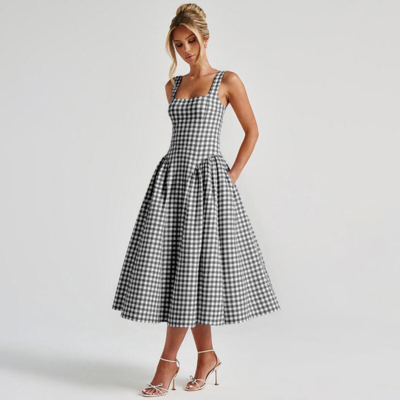 Cross-Border European and American Style Fresh New Plaid Print Waist-Cinching Princess Dress Sexy Backless Strap Dress Cross-Border European and American Style Fresh New Plaid Print Waist-Cinching Princess Dress Sexy Backless Strap Dress