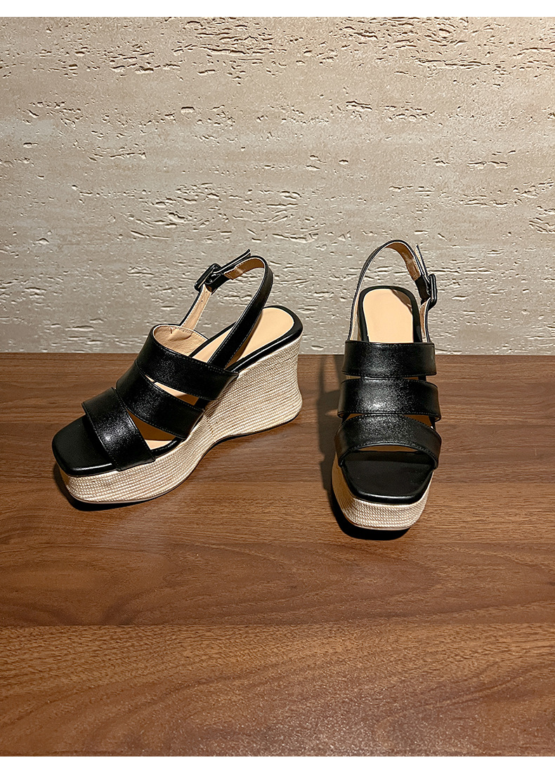 Sandal cao gót nữ hở mũi quai ngang đế xuồng da thật — màu đen, màu trắng ngà chi tiết 16