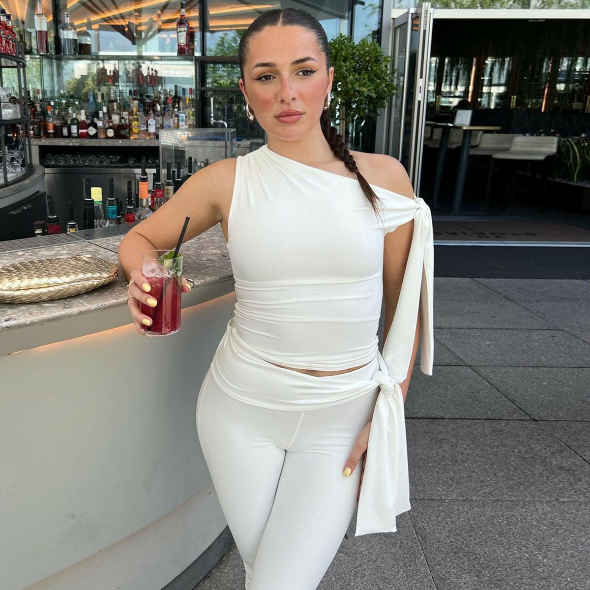 2025 Summer New Fashion Street Style Asymmetrical Neck Sleeveless Top Slim Fit Tie Shorts Set Wholesale_ecoleips.com