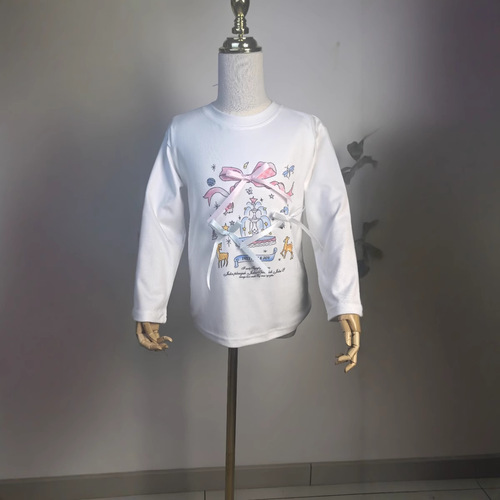 2025 Girls' T-Shirt Base Shirt with Bow Sprinkler Fountain Print White Girls' T-Shirt Spring and Autumn Cartoon Top