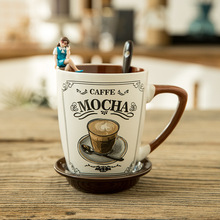 跨境欧式奢华咖啡杯卡布奇诺拿铁杯子复古陶瓷马克杯带盖勺亚马逊