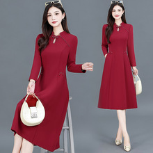 时尚立领红色连衣裙女新款2025年秋季韩版修身喜婆婆改良旗袍裙子