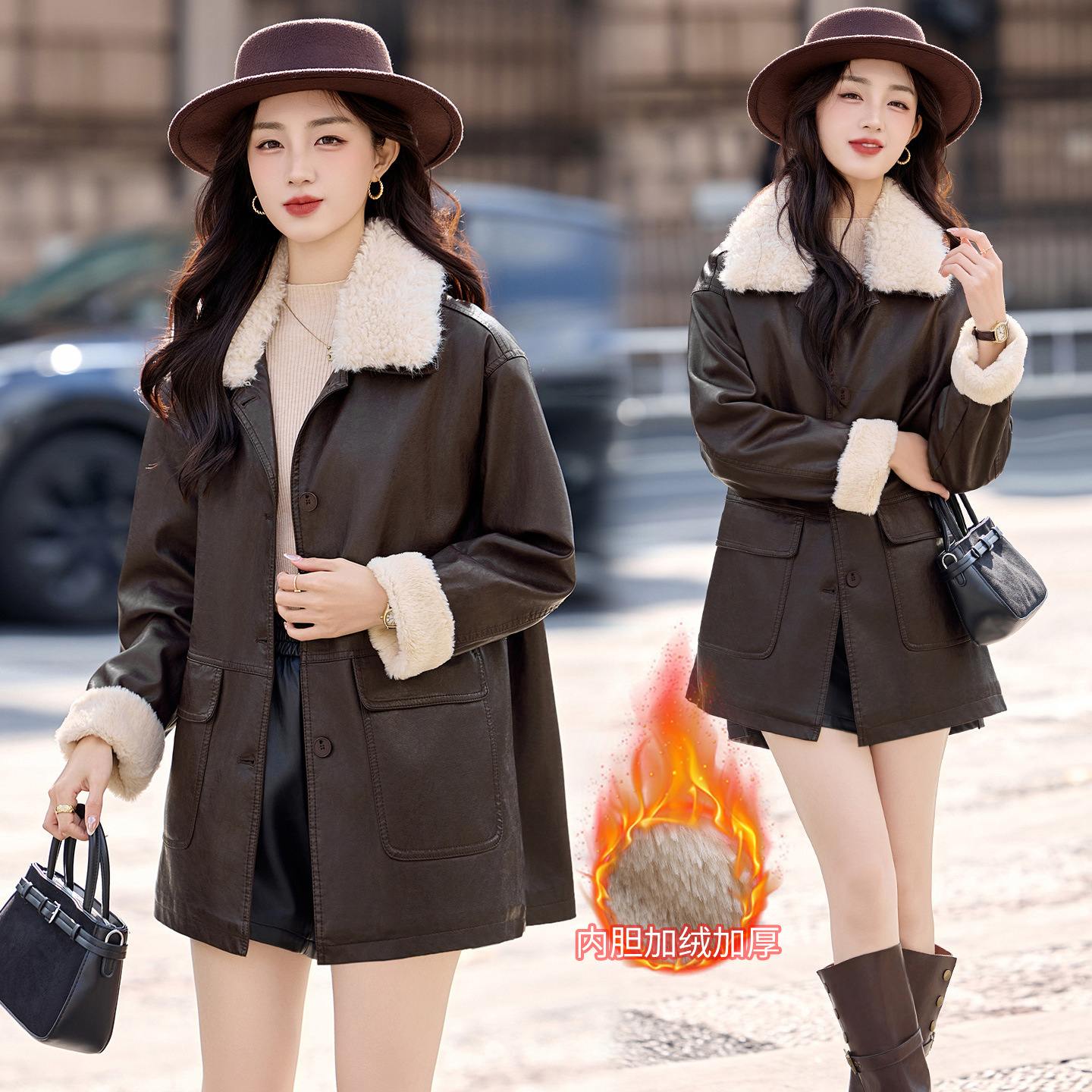 2025 New Autumn and Winter Velvet Goatskin Leather Jacket for Women, Mid-Length Thickeneded Motorcycle Jacket, Waist-Cinching Loose Jacket for Women