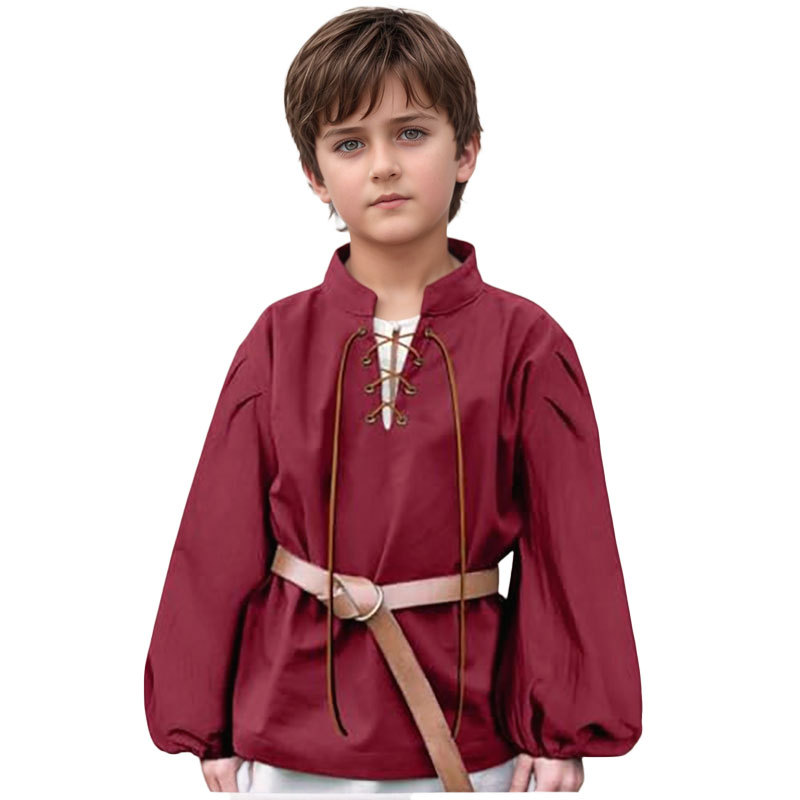 中世風襟付き子供服シャツ、男の子用、紐付き海賊シャツ、バイキング風、ヨーロッパ風、アメリカ風、レトロ
