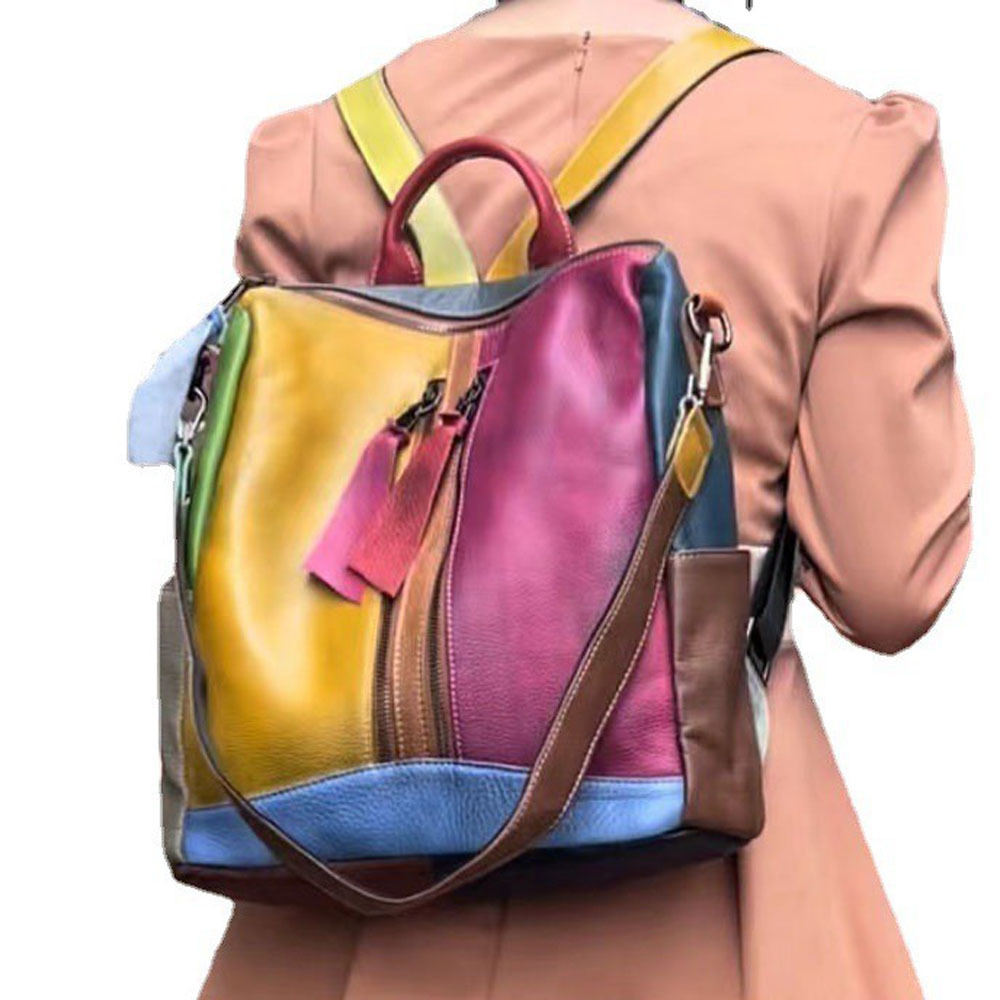 Leather Backpack With Colorful Cowhide Splicing, Single Shoulder Bag, Casual Backpack_voghion.com