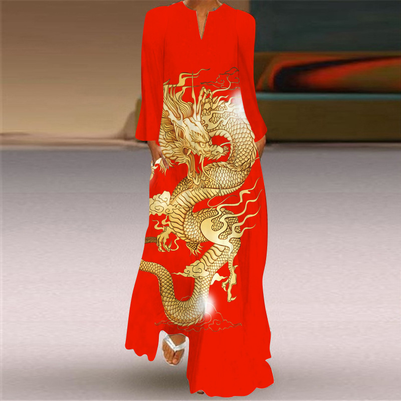 2026 Autumn European and American New Style Aliexpress Wish Sexy V-Neck Long-Sleeved Printed Long Dress Loose Long Dress 2026 Autumn European and American New Style Aliexpress Wish Sexy V-Neck Long-Sleeved Printed Long Dress Loose Long Dress