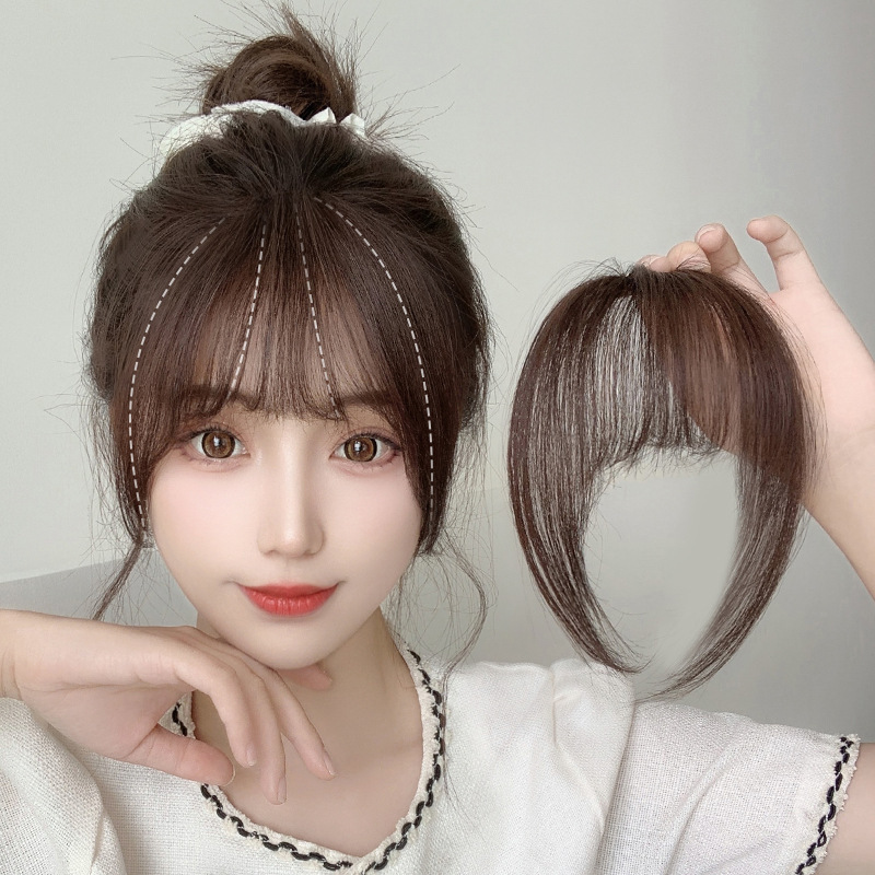 Real Hair French-Style Bangs Wig for Women, Natural Airy Fake Bangs, Popular Seamless Forehead Bangs, Thin Hairpiece Bangs