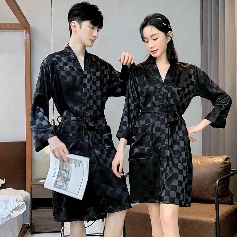 Spring and Autumn Couples Bathrobe Summer Ice Silk Long Sleeve Chequered Japanese Style Morning Gown Men's Nightgown Women's Thin Sexy Pajamas
