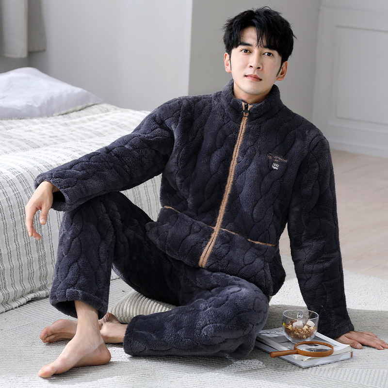 Winter Warm Quilted Pajamas for Men, Long-Sleeved Pants, Zipper Home Clothes, Casual Sports Thickeneded Wearable Suits