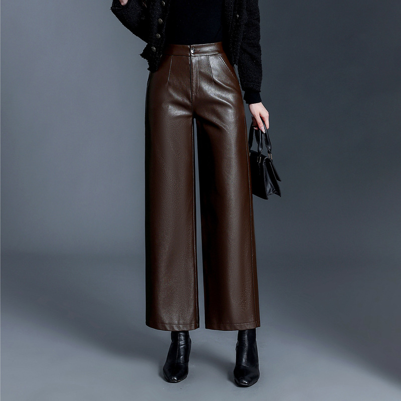 Fashionable and Simple Wide-Leg Leather Pants for Women 2025 Autumn and Winter New High-Waist Slim Pu Leather Straight Pants Casual Nine-Point Pants