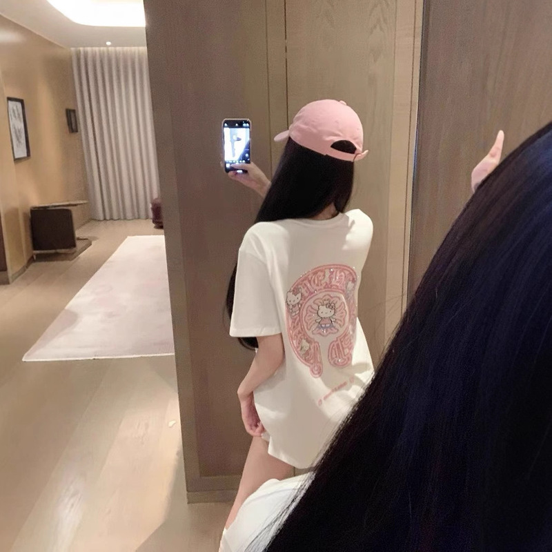 Cotton Short-Sleeved T-Shirt for Female Cute Student Card Kt Printed Hot Diamond Casual Summer New Loose Versatile Top Ins Cotton Short-Sleeved T-Shirt for Female Cute Student Card Kt Printed Hot Diamond Casual Summer New Loose Versatile Top Ins