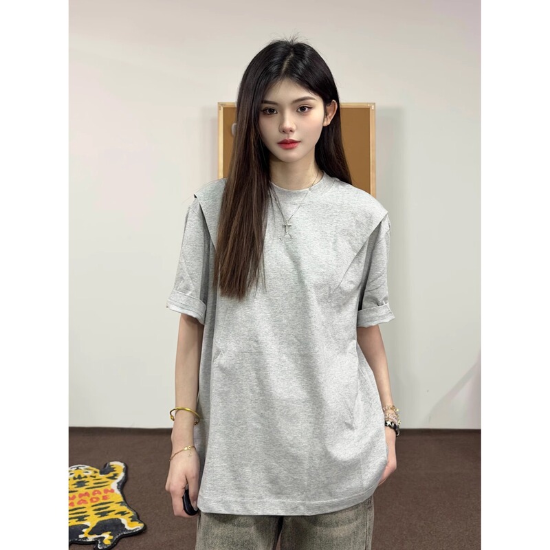 Fashion Deconstructed Right Shoulder T-Shirt for Women Cleanfit American Retro Short-Sleeved Trendy Brand Boxy Version Three-Quarter Sleeve Top