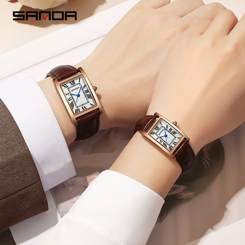 Sanda New Men's and Women's Watches Retro Temperament Couple Fashion Waterproof Watch Business Roman Scale Square Quartz Watch