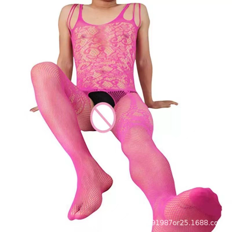 Cross -border men's erotic fishing net socks hollow see -through see -through knitted flowers