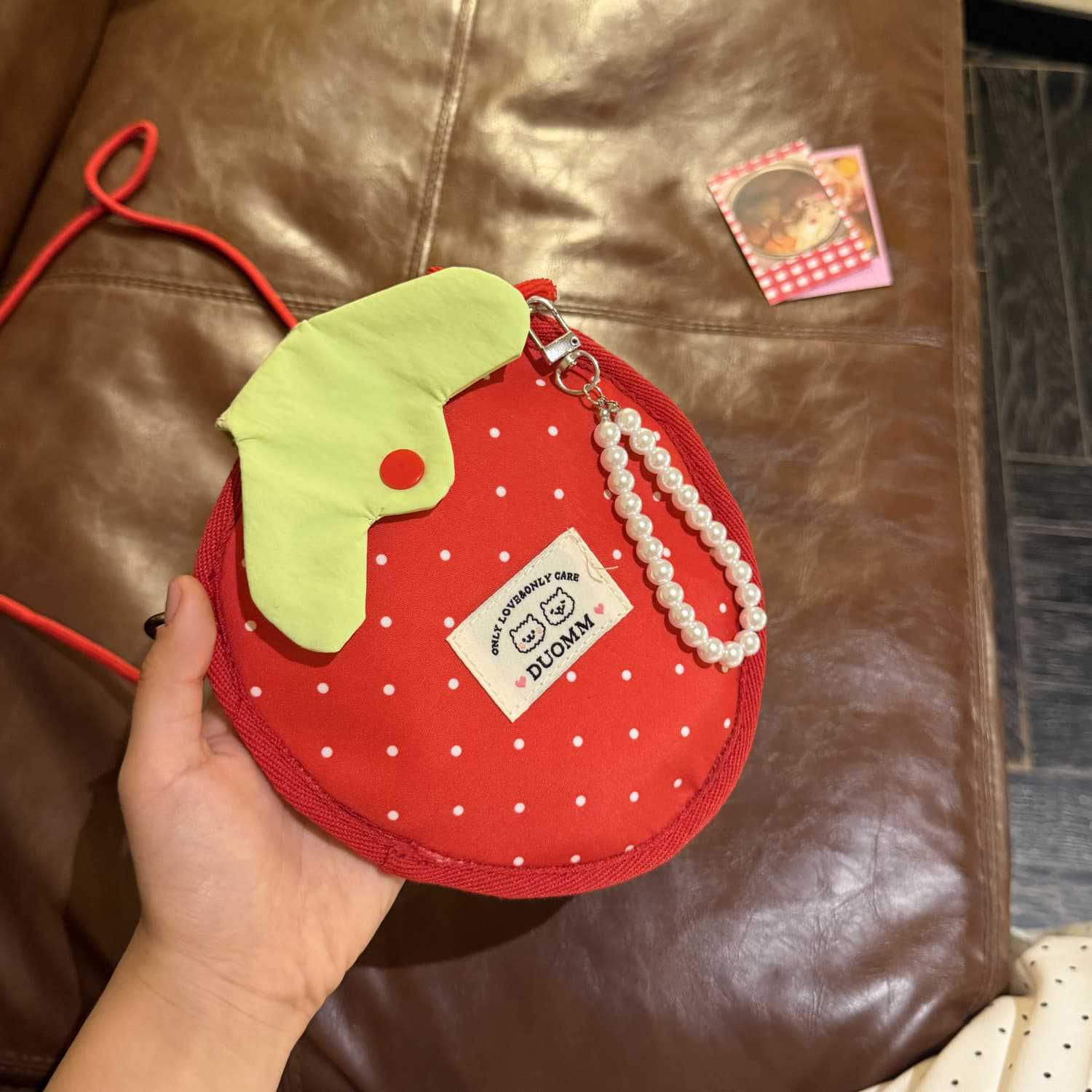 Japanese-style fruit-themed polka dot small bag, cute and soft shoulder bag, portable lipstick and earphone storage casual crossbody bag