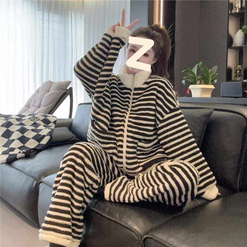 套装加厚加绒珊瑚绒外套女冬季新款简约风条纹睡衣外穿200斤上衣