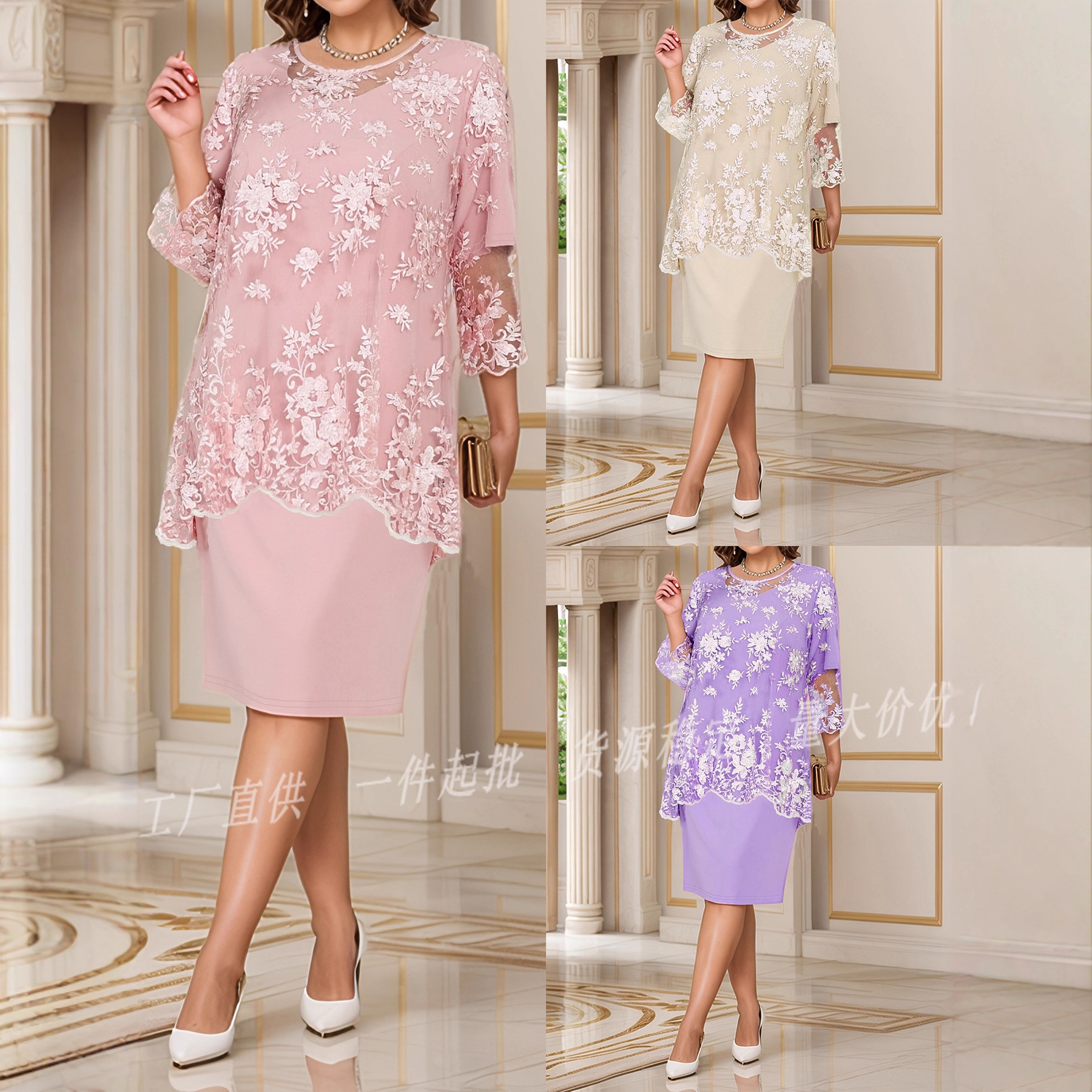 2025 Spring and Summer New European and American Cross-Border Amazon Elegant Women's Evening Dress Lace Fake Two-Piece Dress for Women