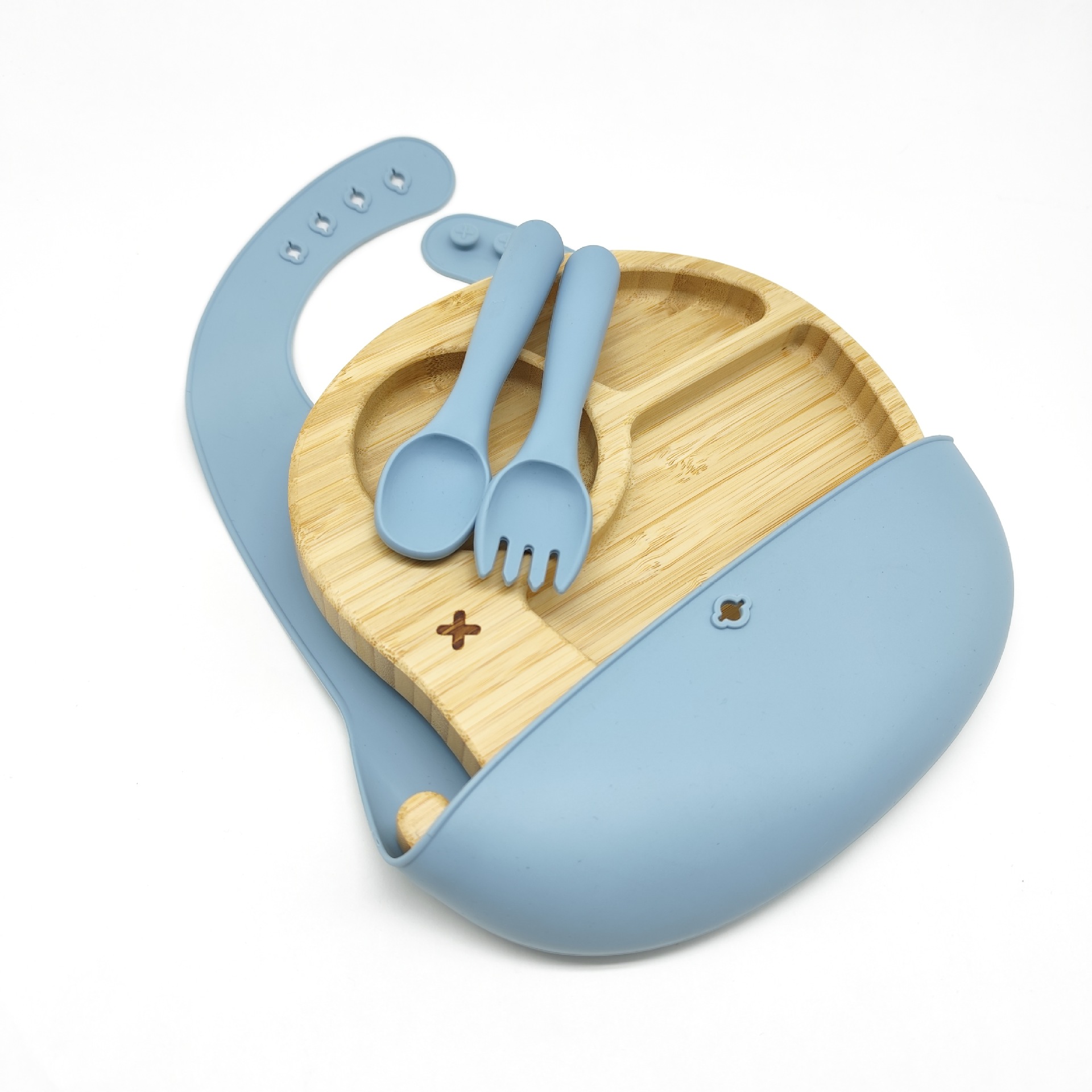 4종세트 [코끼리-대나무 디너접시+포크+스푼+턱받이]