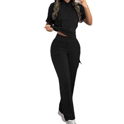 Women's Casual Hooded T-Shirt & Straight Leg Pants Set - Solid Color Lounge Outfit (S-XXL, Blue/Black/Gray/Red)_ecoleips.com