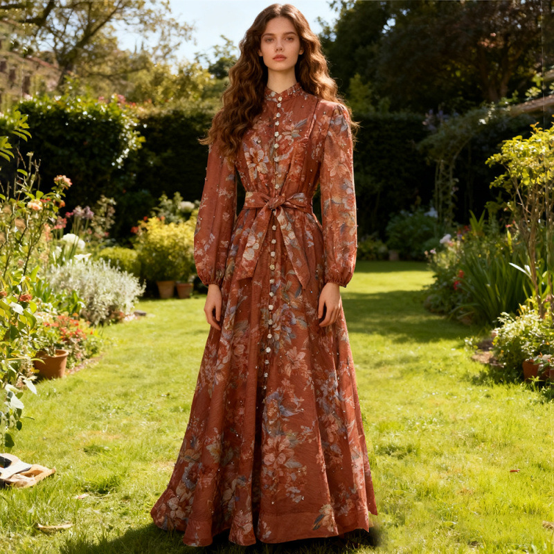 Cross-Border Large Skirt, Waist-Cinching, Long-Sleeved, Diamond-Embellished, Small Stand-Up Collar Dress, Printed Holiday Photo Skirt, Belted Women's Skirt