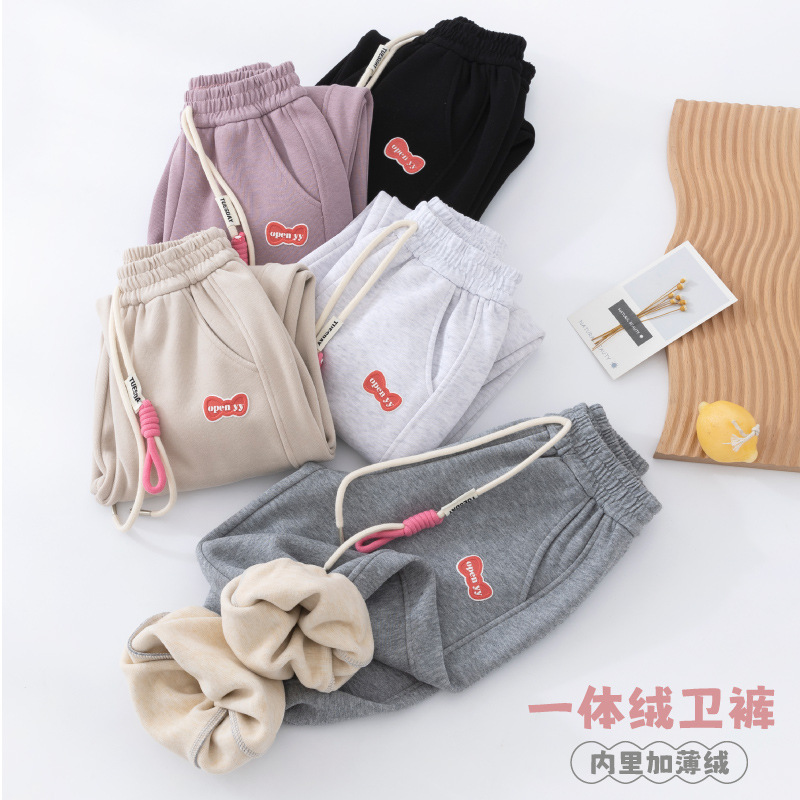 (2개) 여자 캐주얼 바지 가을과 겨울 따뜻한 바지 소년 원피스 벨벳 두꺼운 운동복 어린이 얇은 벨벳 스포츠 바지