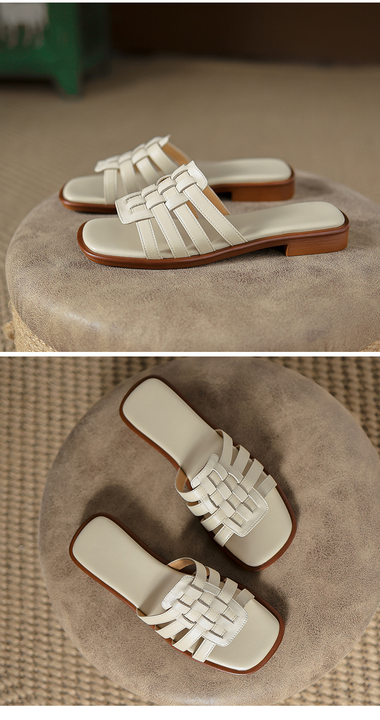Dép sandal nữ xỏ ngón bện da bò lớp đầu đế bệt — Màu nâu chi tiết 16